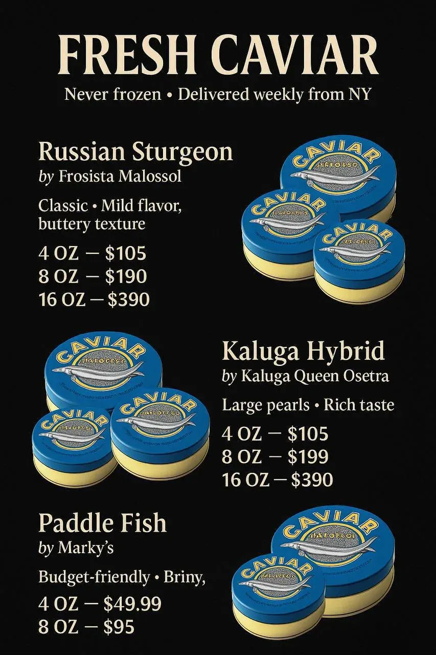 Promotional image with caviar options including Kaluga Hybrid and Russian Sturgeon, with sizes and prices for local ordering