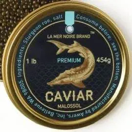 Packaged caviar product with partially readable label text for the kaluga hybrid caviar page Packaged caviar product with partially readable label text for the kaluga hybrid caviar page