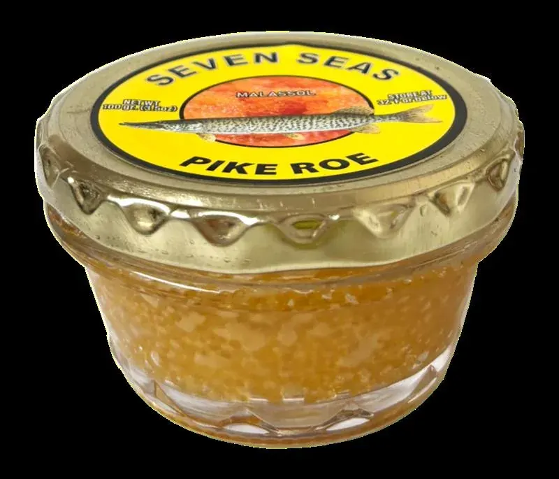 Jar of Seven Seas pike roe with fish label Jar of Seven Seas pike roe with fish label