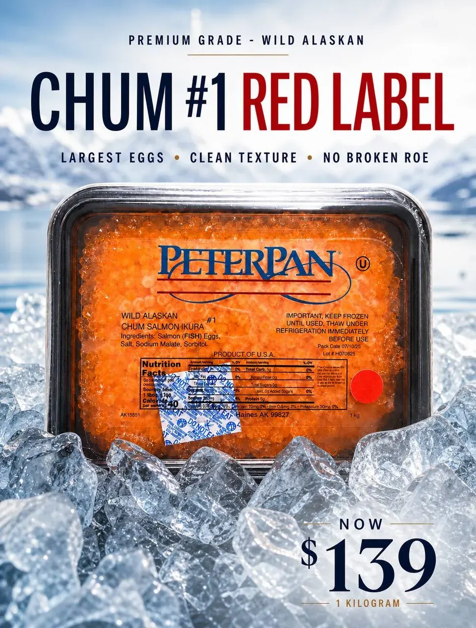 Label for wild Alaskan salmon roe with premium grade, largest eggs, and no broken roe text