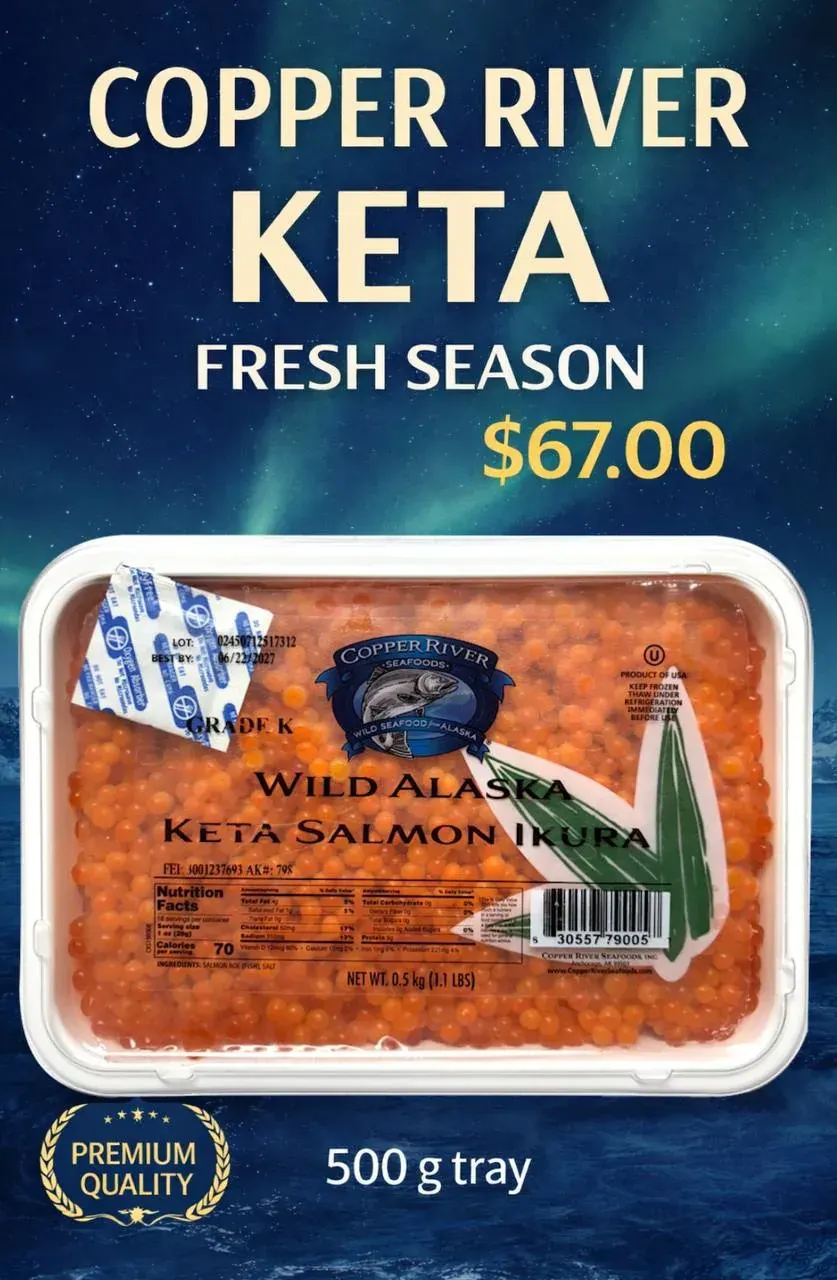 Copper River Keta salmon ikura in a 500 g tray, shown with fresh season text and .00 price Copper River Keta salmon ikura in a 500 g tray, shown with fresh season text and $67.00 price