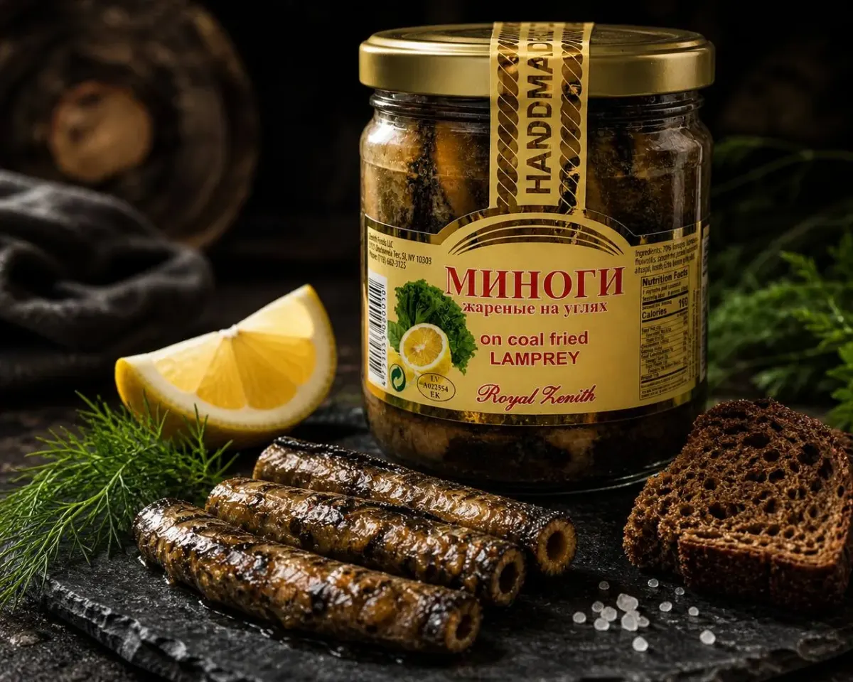 Store shelf sign with mixed Cyrillic and English text, including lamprey, in an Eastern European grocery context Store shelf sign with mixed Cyrillic and English text, including lamprey, in an Eastern European grocery context