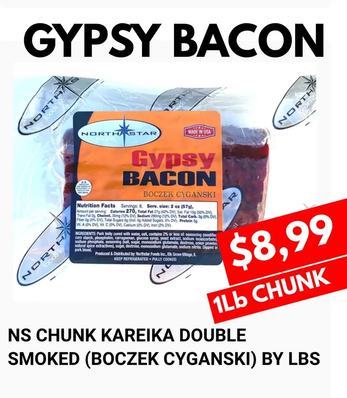 Packaged double smoked bacon labeled boczek cyganski at an Eastern European grocery in the DMV area
