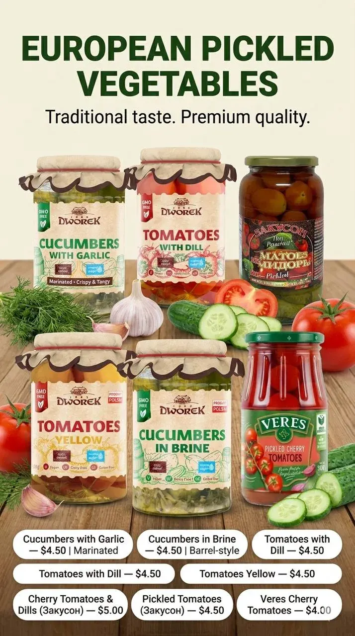 Russian-style grocery shelf items with pickled cucumbers and tomatoes for the DMV area