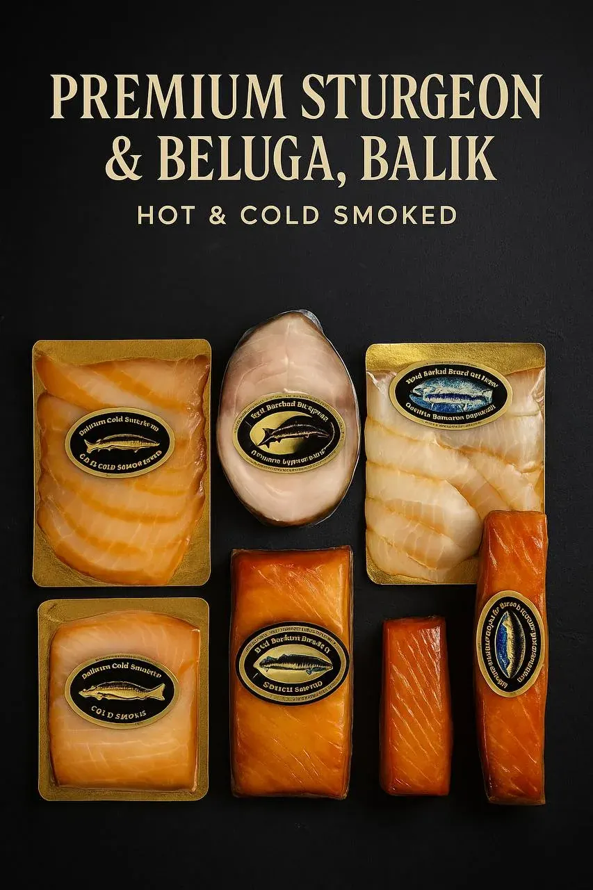 Packaged smoked fish labeled sturgeon, beluga, and balik for the DMV Eastern European grocery hub