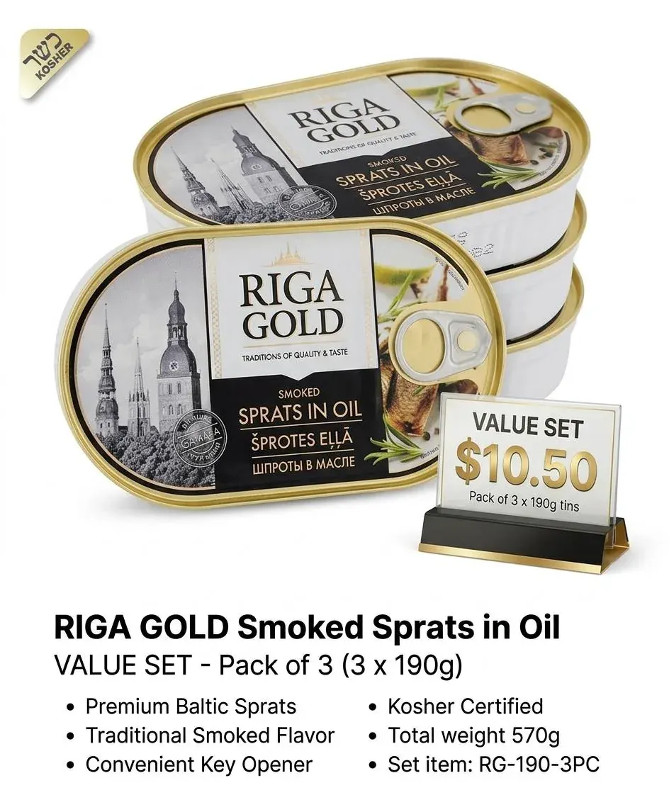 Pack of 3 Riga Gold smoked sprats in oil tins for the smoked fish and sprats category page Pack of 3 Riga Gold smoked sprats in oil tins for the smoked fish and sprats category page